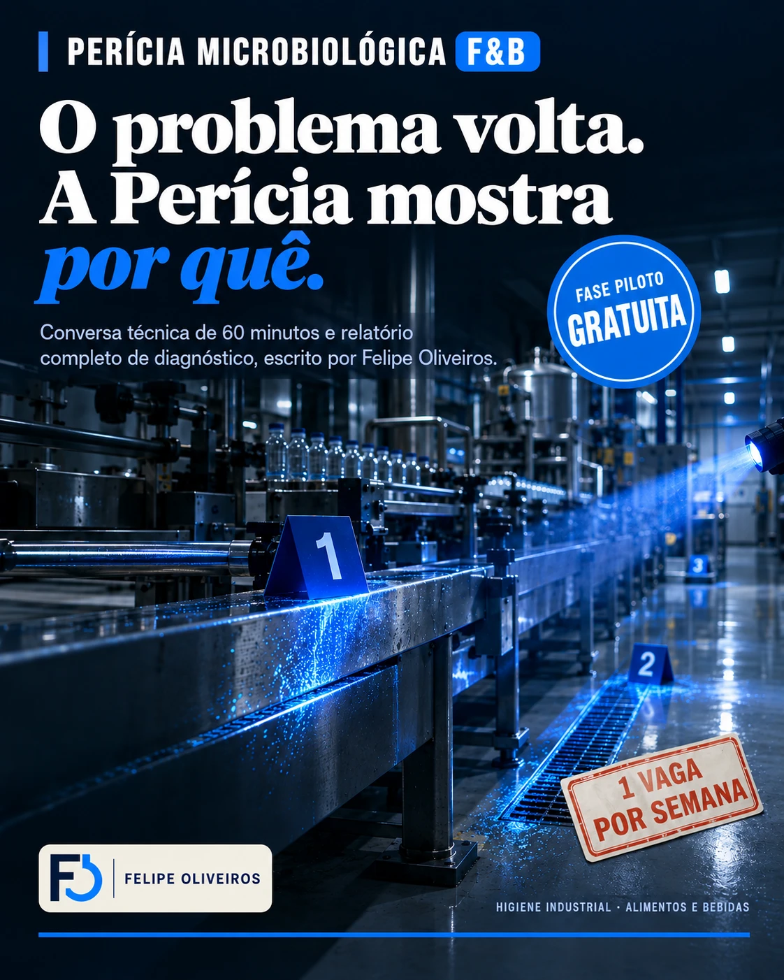 Perícia Microbiológica F&B: o problema volta, a Perícia mostra por quê. Linha de envase de bebidas sob luz azul de investigação, com marcadores de evidência numerados na esteira e no dreno. Fase piloto gratuita, uma vaga por semana.