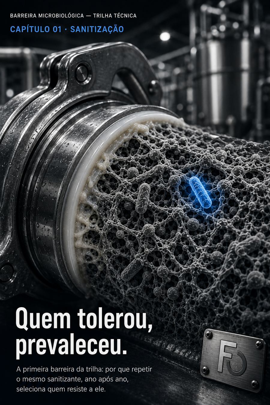 Detalhe de equipamento industrial, trilha Barreira Microbiológica, biofilme
