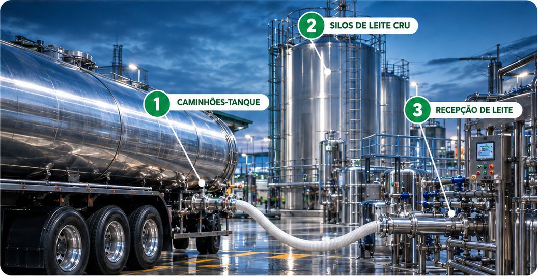 Caminhão-tanque descarregando na recepção, com silos de leite cru ao fundo. Pontos marcados: 1 caminhões-tanque, 2 silos de leite cru, 3 recepção de leite